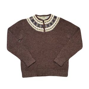 LL Bean VTG 100% Wool Brown Nordic Fair Isle Henley Sweater 1980s Size Small/38